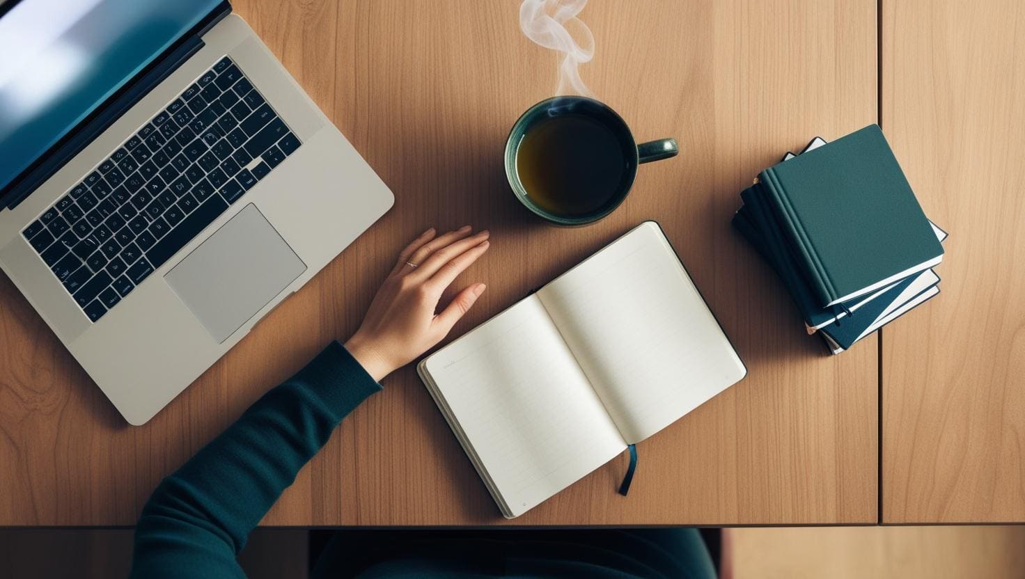 Espacio de trabajo visto desde arriba, con los siguientes elementos: un portátil con el teclado y el touchpad visibles a la izquierda, una mano de una persona apoyada sobre la superficie de madera del escritorio cerca del portátil, un cuaderno abierto con páginas en blanco en el centro de la imagen, una pila de cuadernos o diarios cerrados con tapas oscuras a la derecha y una taza de té o café cerca del cuaderno abierto.